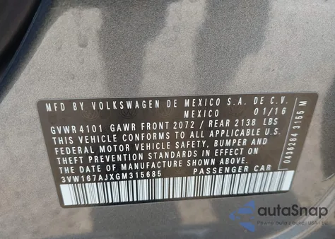 2016 Volkswagen Jetta 1.4T S z USA, uszkodzony, nr VIN 3VW167AJXGM315685